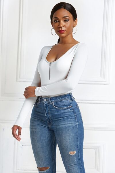 Blue Zone Planet | Half Zip Scoop Neck Long Sleeve Bodysuit BLUE ZONE PLANET