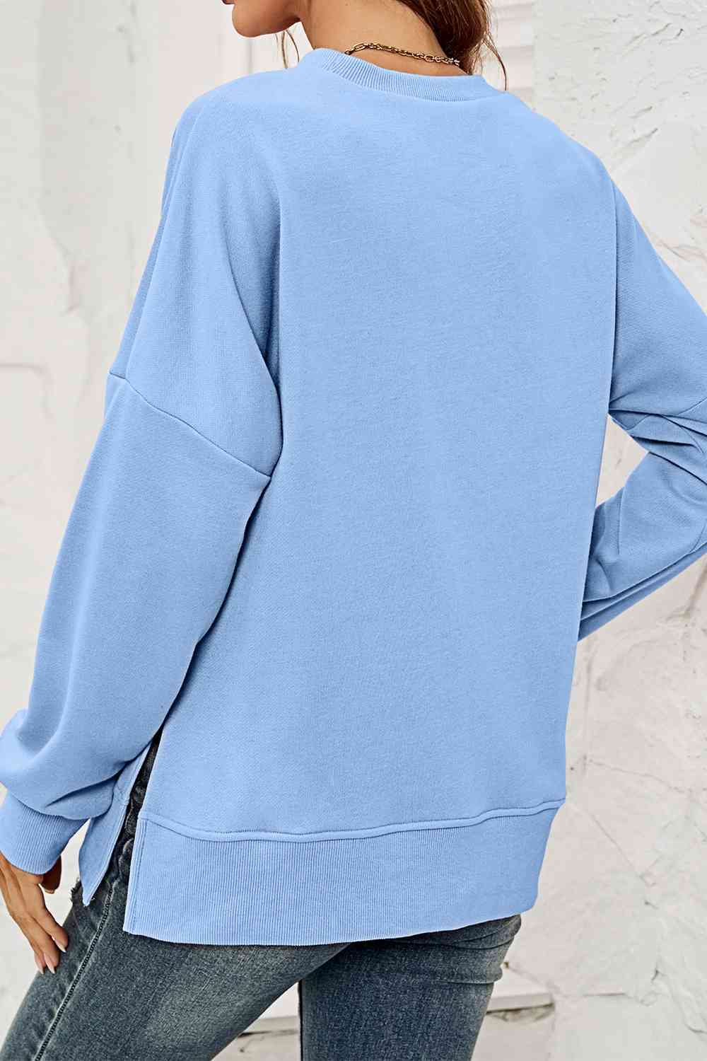 Round Neck Dropped Shoulder Slit Sweatshirt BLUE ZONE PLANET