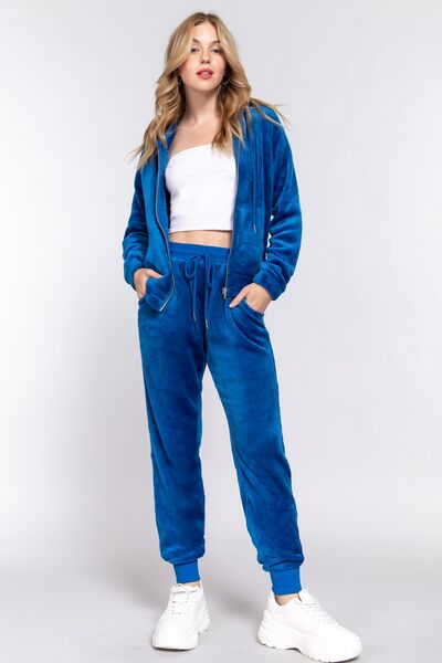 ACTIVE BASIC Faux Fur Zip Up Long Sleeve Hoodie and Joggers Set BLUE ZONE PLANET