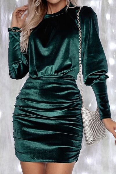 Ruched Round Neck Lantern Sleeve Mini Dress BLUE ZONE PLANET