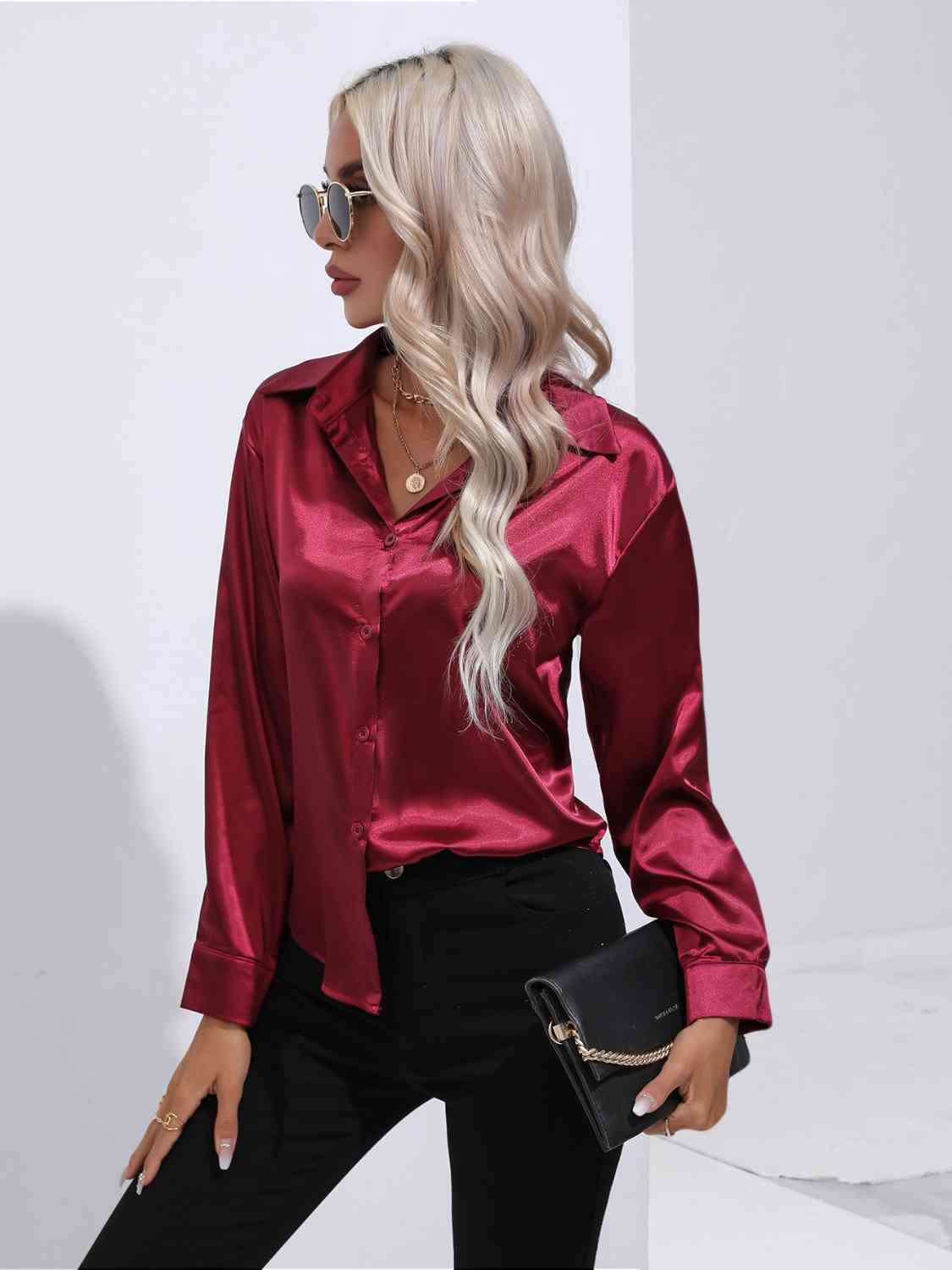 Collared Neck Buttoned Long Sleeve Shirt BLUE ZONE PLANET