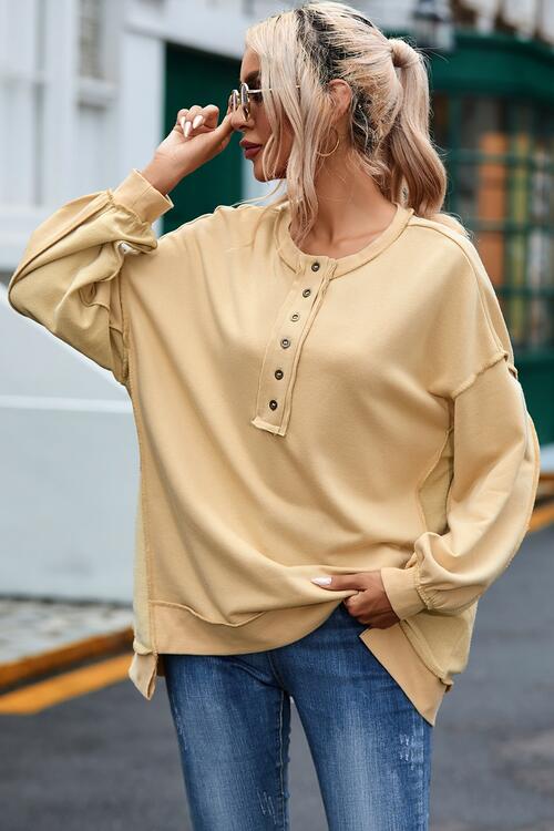Buttoned Dropped Shoulder Sweatshirt BLUE ZONE PLANET