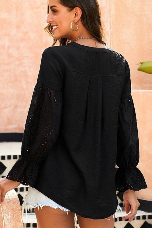 Crochet Flounce Sleeve Button Up Blouse BLUE ZONE PLANET