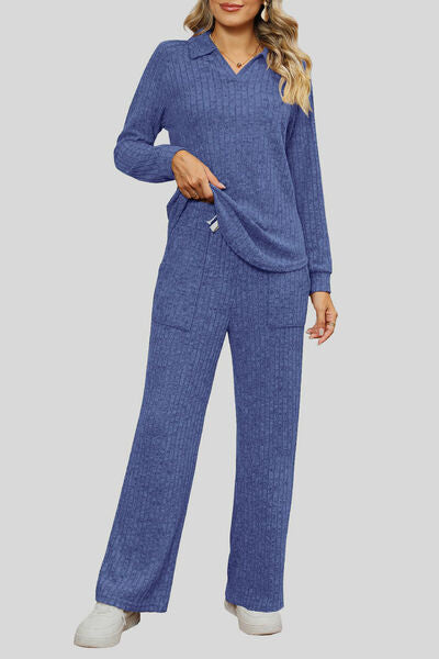 Blue Zone Planet | Ribbed Long Sleeve Top and Pocketed Pants Set BLUE ZONE PLANET