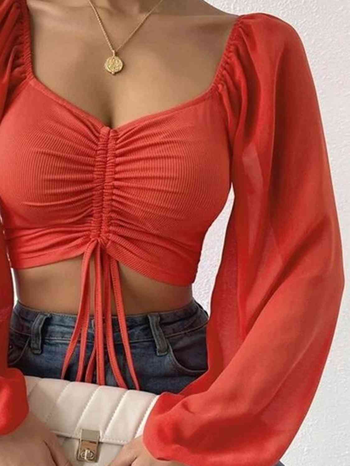 Drawstring Sweetheart Neck Cropped Top BLUE ZONE PLANET