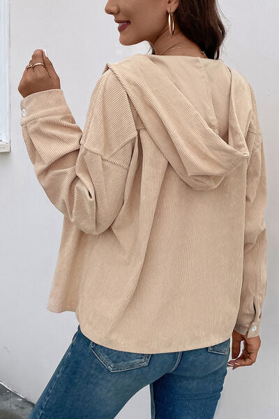 Ribbed Button Up Drawstring Hooded Jacket BLUE ZONE PLANET