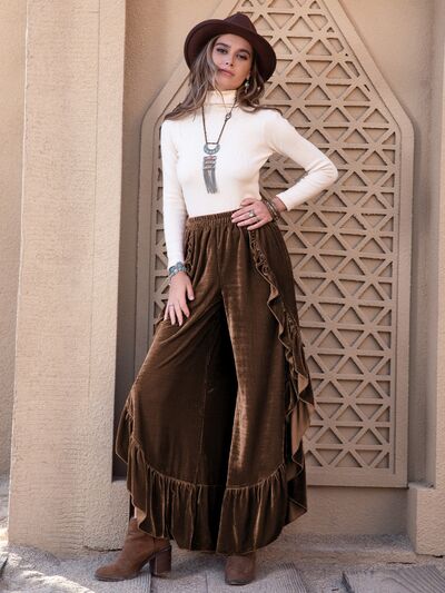 Blue Zone Planet | Ruffle Trim Wide Leg Slit Pants BLUE ZONE PLANET