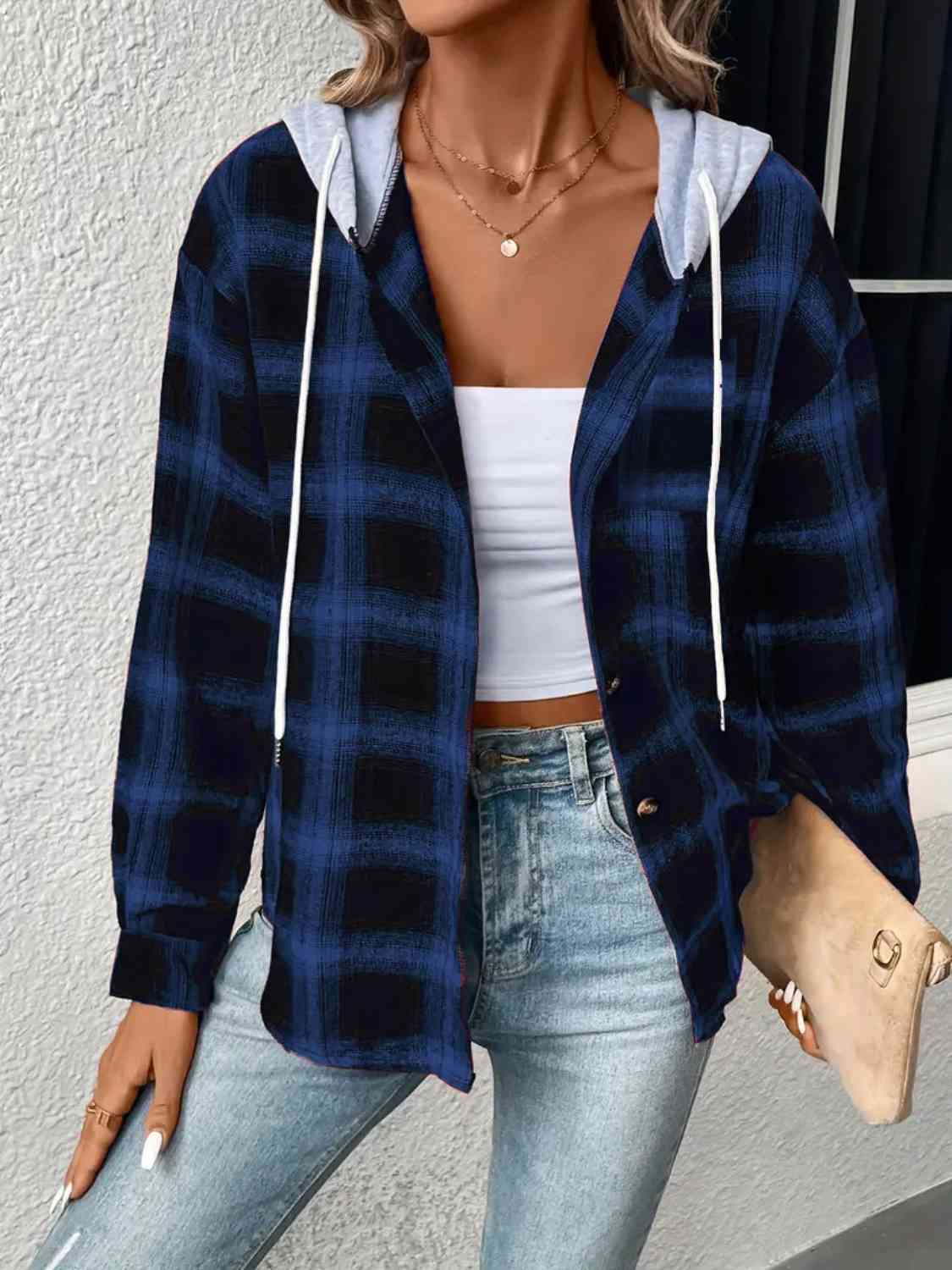 Plaid Drawstring Button Up Hooded Jacket BLUE ZONE PLANET