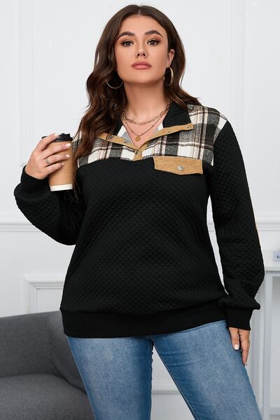 Blue Zone Planet | Plus Size Waffle-Knit Collared Neck Sweatshirt BLUE ZONE PLANET