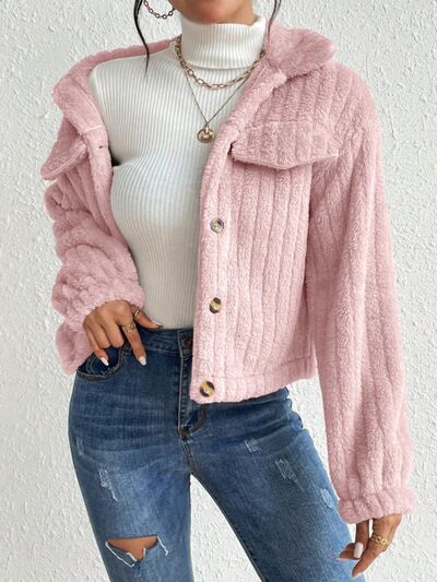 Blue Zone Planet | Fuzzy Button Up Collared Neck Jacket BLUE ZONE PLANET