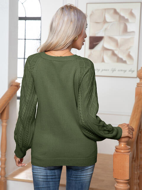 Cable-Knit Round Neck Buttoned Sweater BLUE ZONE PLANET