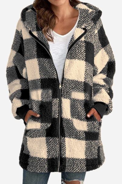Blue Zone Planet | Double Take Full Size Plaid Long Sleeve Hooded Coat BLUE ZONE PLANET