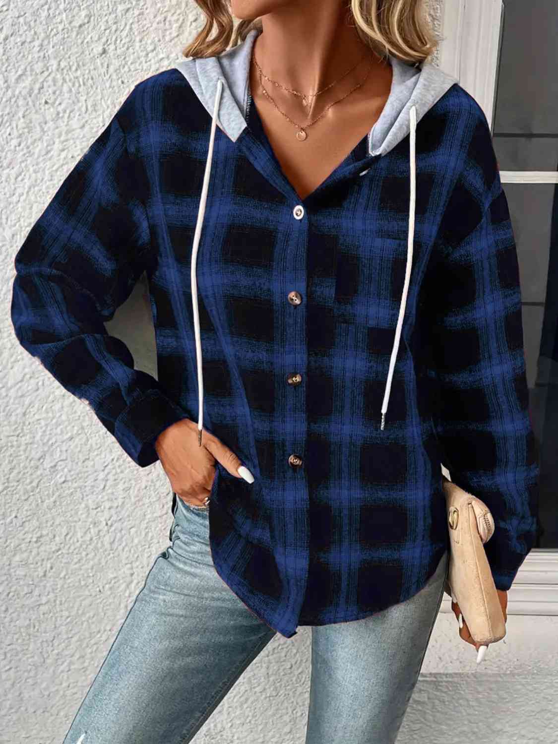 Plaid Drawstring Button Up Hooded Jacket BLUE ZONE PLANET