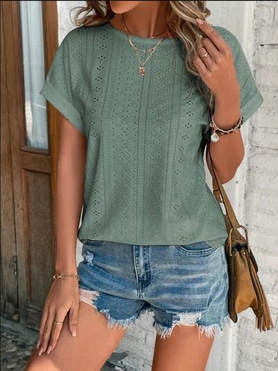 Blue Zone Planet | Eyelet Round Neck Short Sleeve T-Shirt BLUE ZONE PLANET
