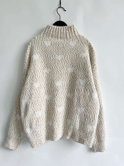 Blue Zone Planet | Heart Heathered Turtleneck Drop Shoulder Sweater BLUE ZONE PLANET
