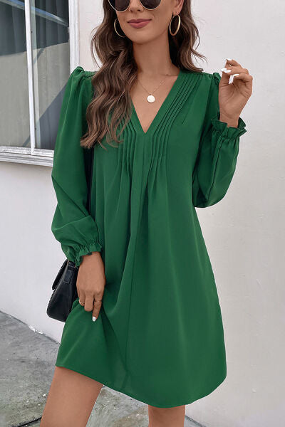 Ruched V-Neck Flounce Sleeve Dress Trendsi