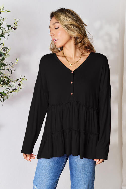 Double Take Half Button Long Sleeve Ruffle Hem Blouse BLUE ZONE PLANET