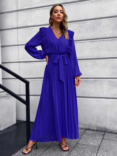 Blue Zone Planet | Pleated Surplice Tie Waist Maxi Dress BLUE ZONE PLANET