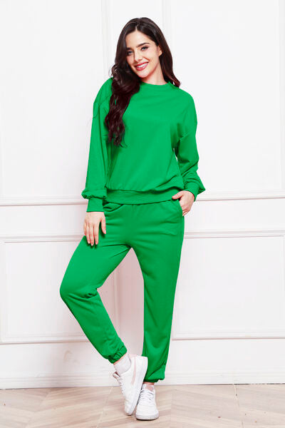 Blue Zone Planet | Round Neck Long Sleeve Sweatshirt and Pants Set BLUE ZONE PLANET