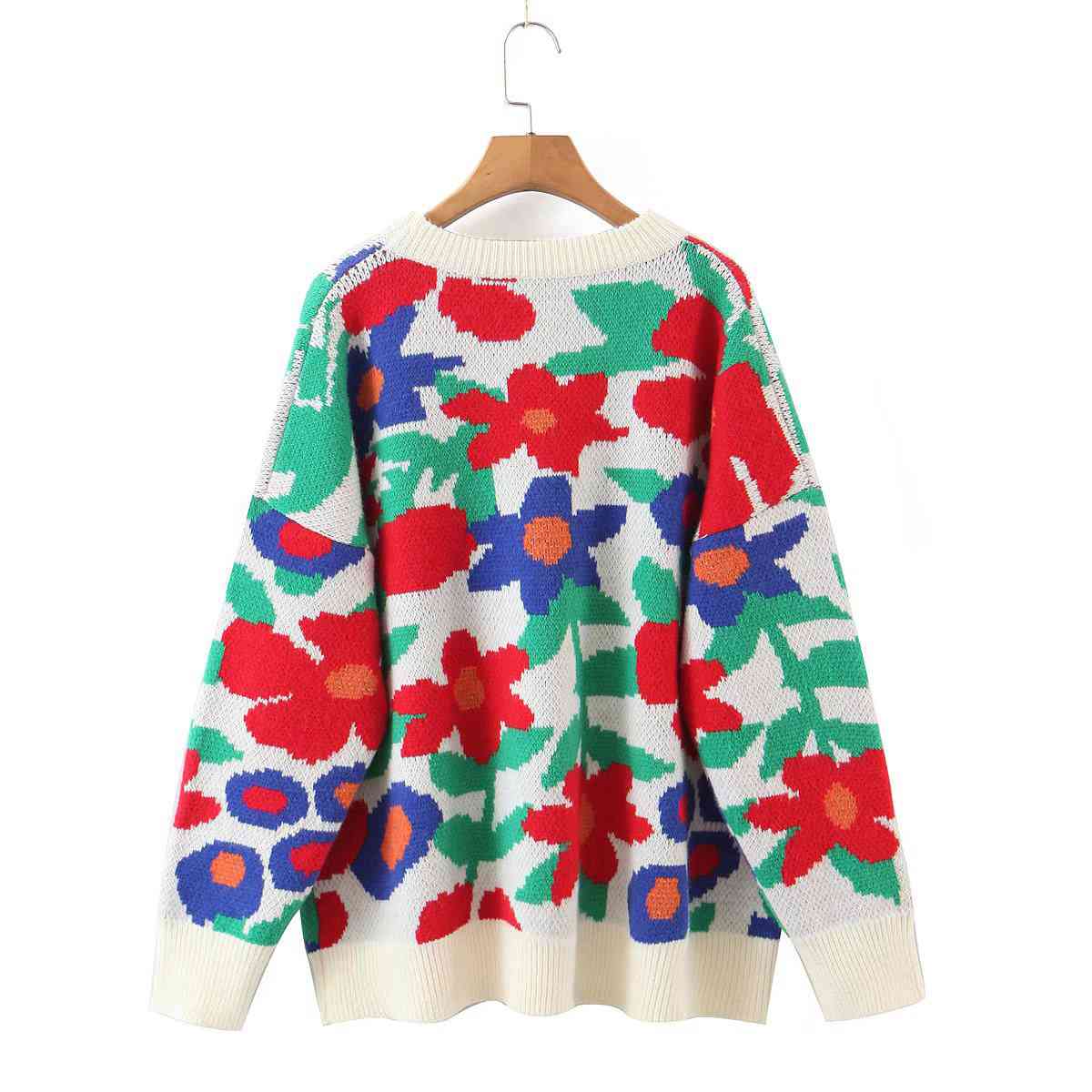Floral Round Neck Drop Shoulder Sweater BLUE ZONE PLANET