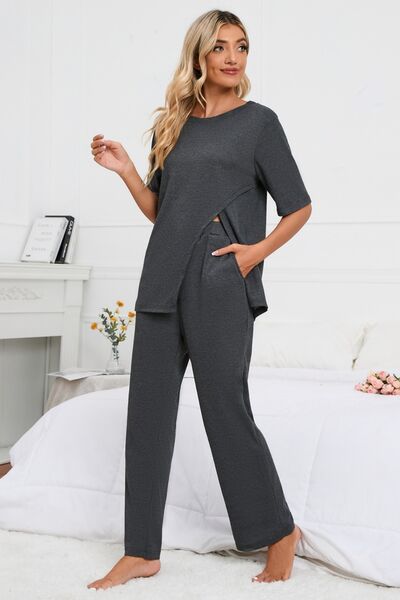 Slit Round Neck Top and Pants Lounge Set Trendsi
