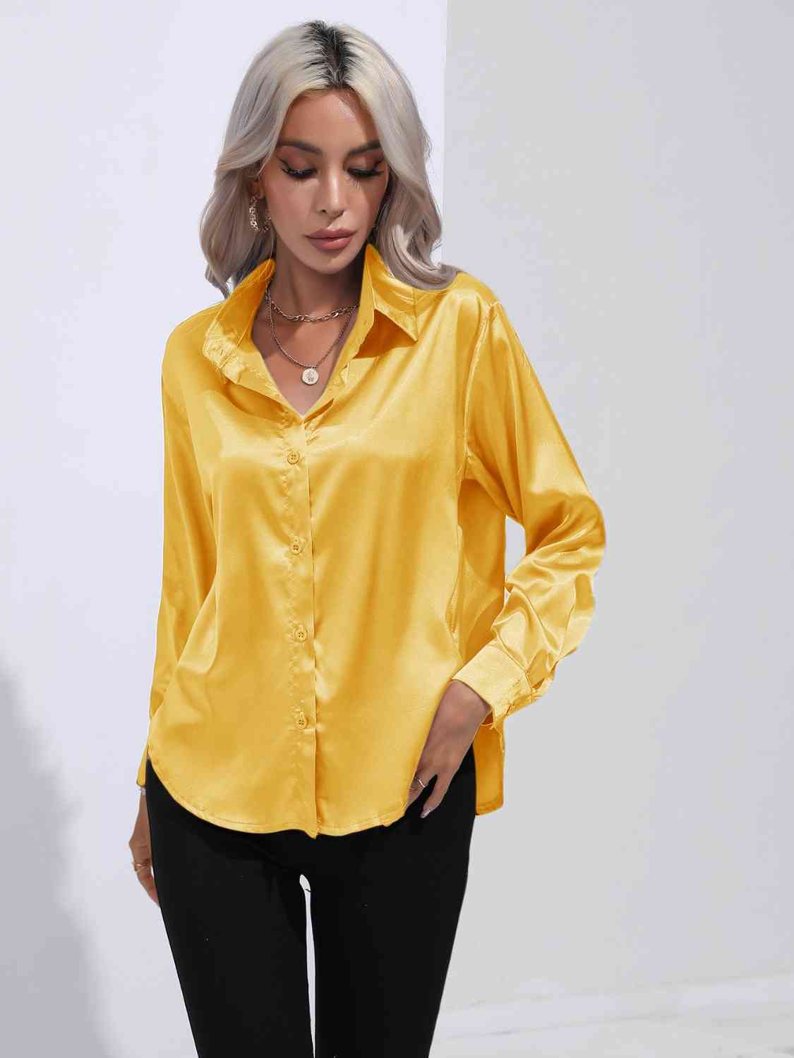 Collared Neck Buttoned Long Sleeve Shirt BLUE ZONE PLANET