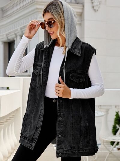 Drawstring Pocketed Button Up Sleeveless Denim Jacket Trendsi