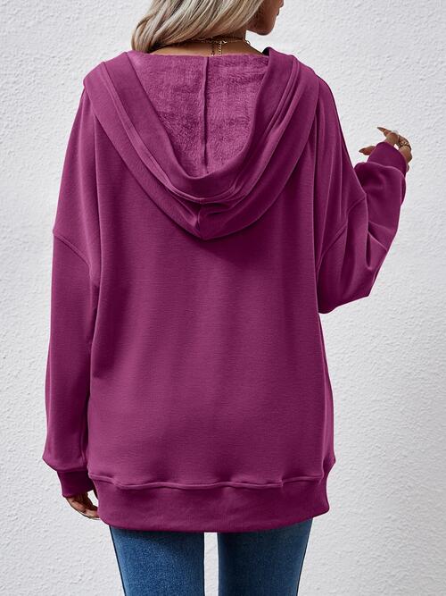 V-Neck Drop Shoulder Long Sleeve Hoodie BLUE ZONE PLANET