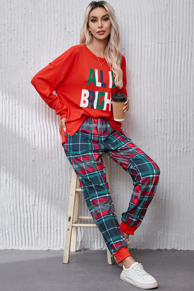 Christmas ALL IS BRIGHT Round Neck Top and Plaid Pants Lounge Set Trendsi