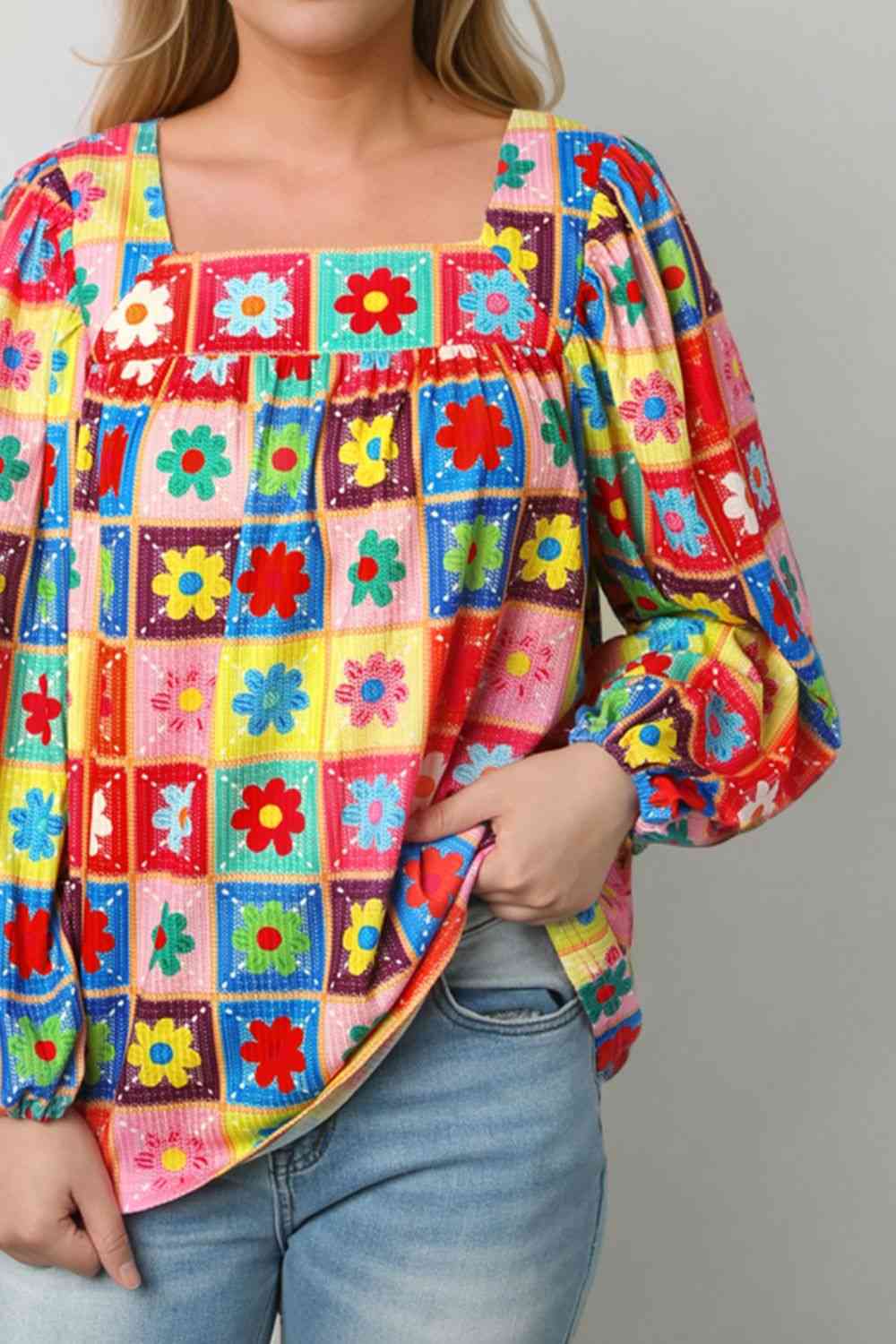 Printed Square Neck Balloon Sleeve Top BLUE ZONE PLANET