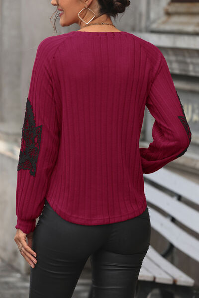 Blue Zone Planet | Ribbed Lace Detail V-Neck Sweater BLUE ZONE PLANET