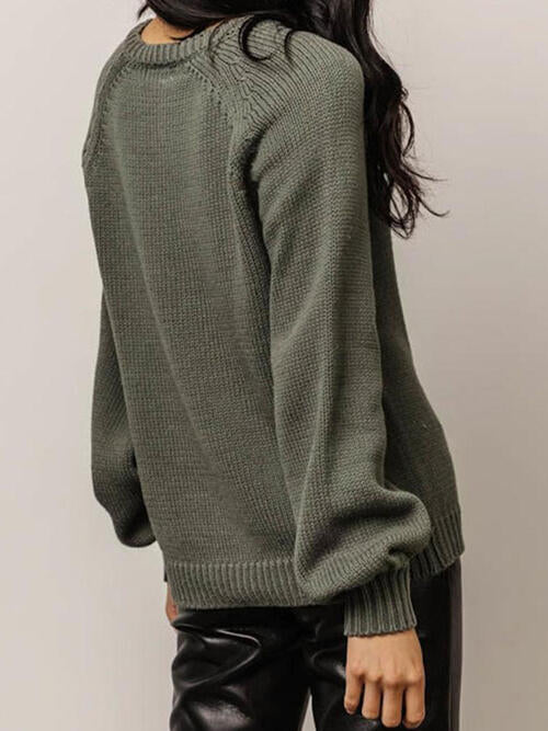 Buttoned Round Neck Long Sleeve Sweater BLUE ZONE PLANET