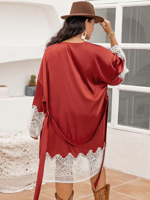 Plus Size Lace Patchwork Tie Front Robe BLUE ZONE PLANET