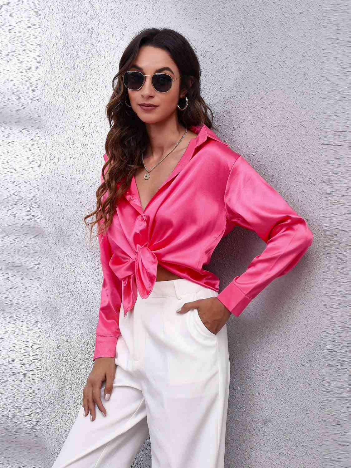 Collared Neck Buttoned Long Sleeve Shirt BLUE ZONE PLANET