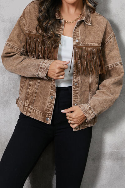 Fringe Trim Snap Down Denim Jacket BLUE ZONE PLANET