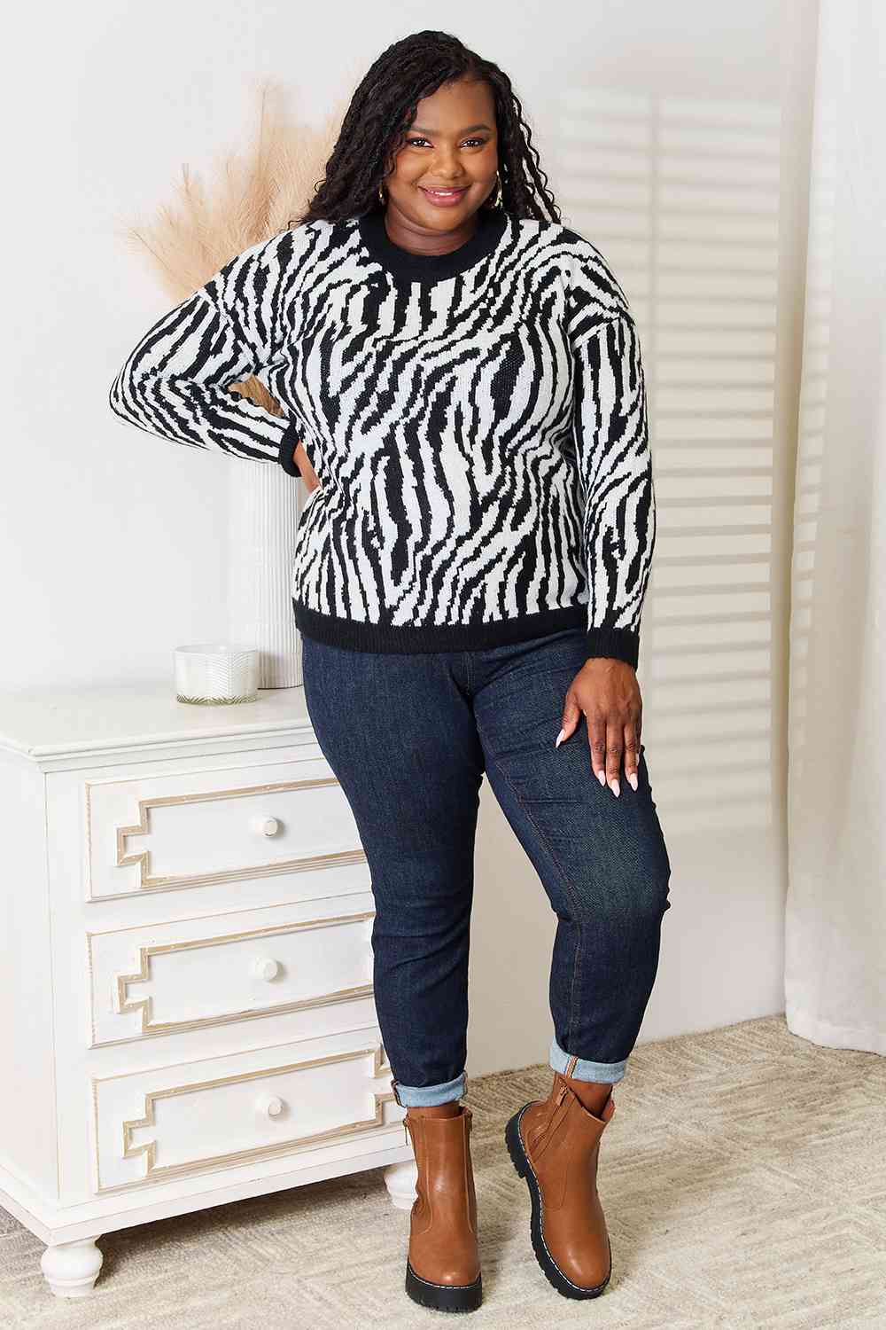 Heimish Full Size Zebra Print Sweater BLUE ZONE PLANET