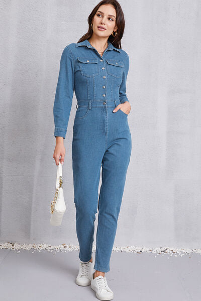 Blue Zone Planet |  Snap Down Denim Jumpsuit with Pockets BLUE ZONE PLANET