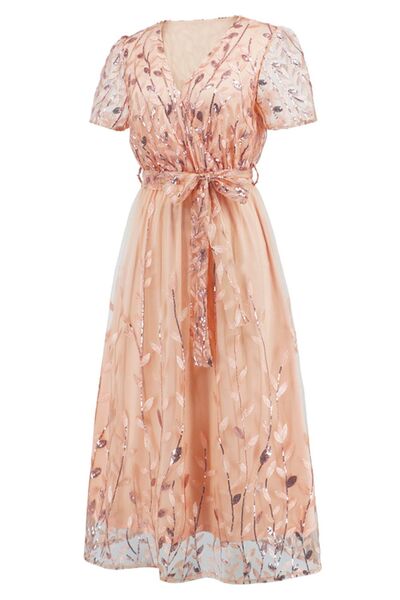 Blue Zone Planet |  Sequin Leaf Embroidery Tie Front Short Sleeve Dress BLUE ZONE PLANET