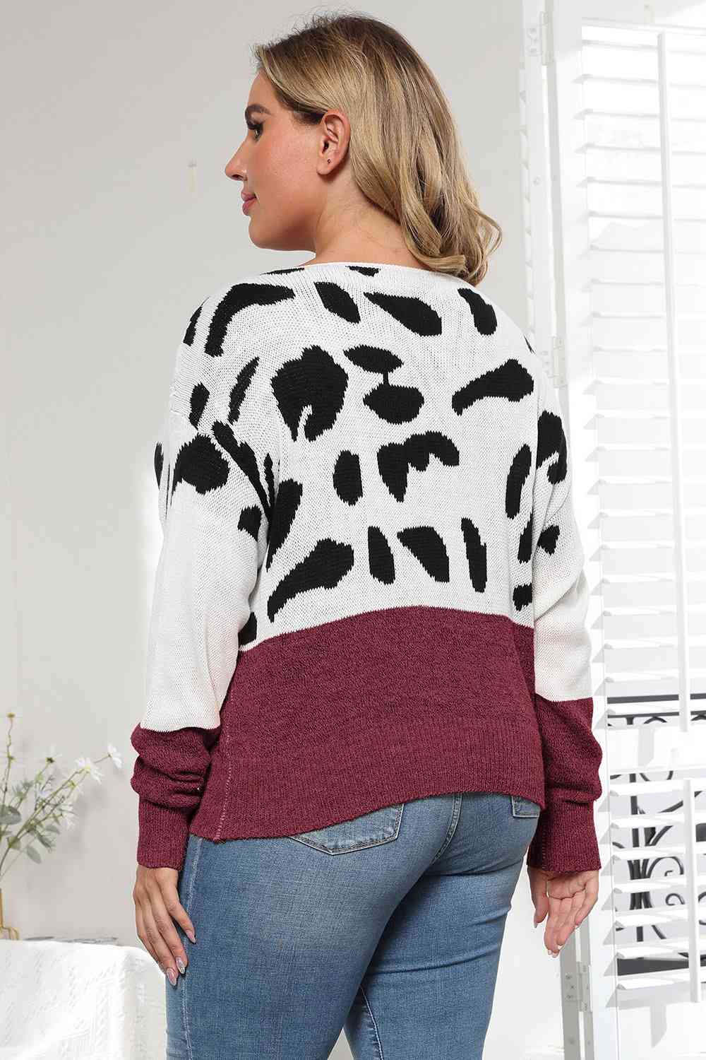 Plus Size Leopard Round Neck Long Sleeve Sweater BLUE ZONE PLANET