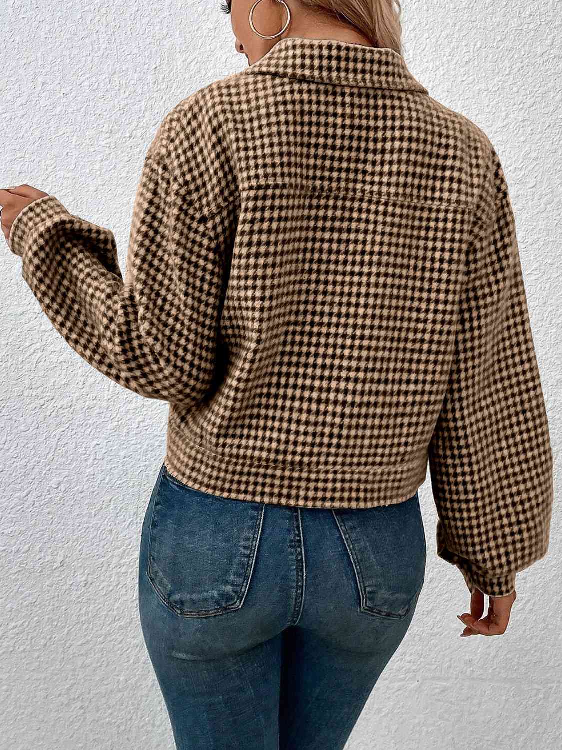 Houndstooth Collared Neck Button Up Jacket BLUE ZONE PLANET