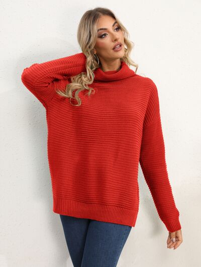 Slit Turtleneck Dropped Shoulder Sweater Trendsi