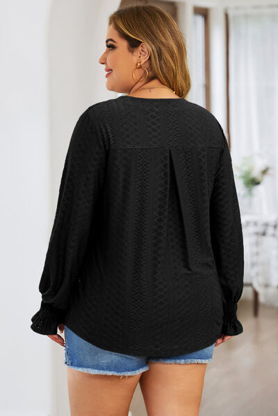 Blue Zone Planet | Plus Size Eyelet Notched Flounce Sleeve Blouse BLUE ZONE PLANET