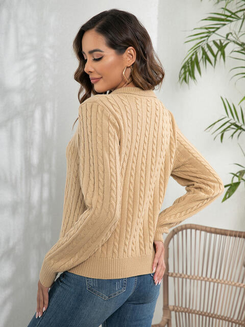 Johnny Collar Cable-Knit Long Sleeve Sweater BLUE ZONE PLANET