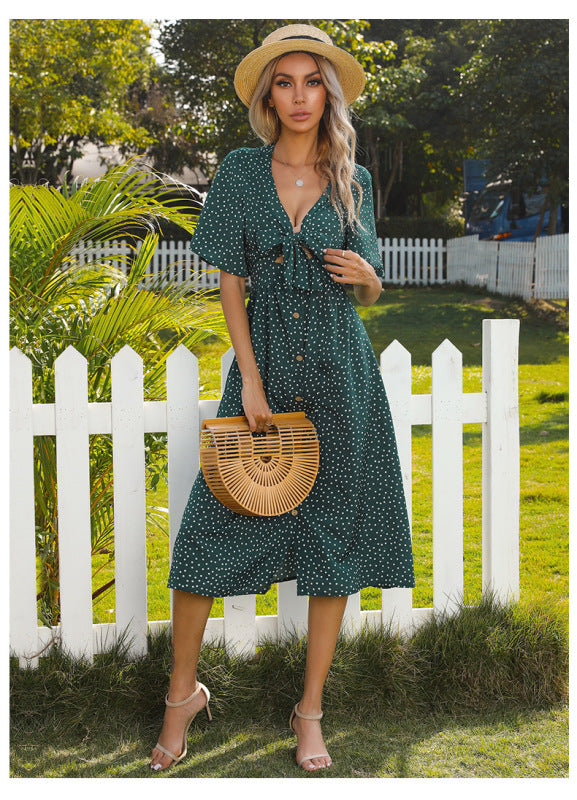 Blue Zone Planet | Polka-dot deep v-neck hollow short-sleeved bow sexy dress kakaclo