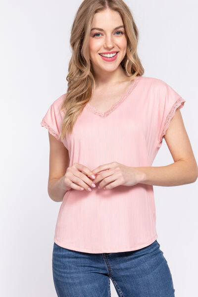 ACTIVE BASIC Lace Trim V-Neck Short Sleeve Ribbed Top BLUE ZONE PLANET