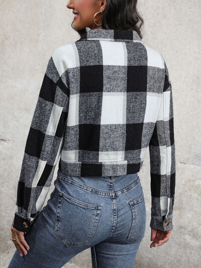 Blue Zone Planet | Plaid Button Up Drop Shoulder Cropped Jacket BLUE ZONE PLANET