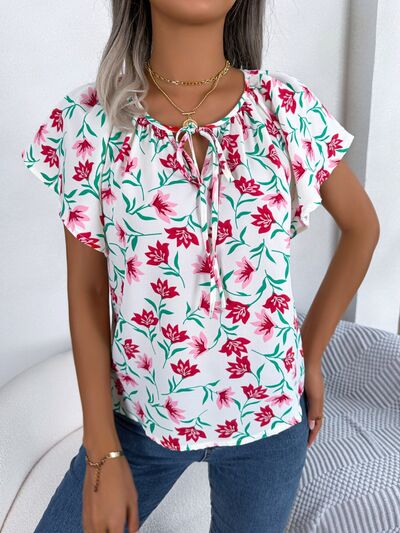 Blue Zone Planet | Floral Tie Neck Flutter Sleeve Blouse BLUE ZONE PLANET
