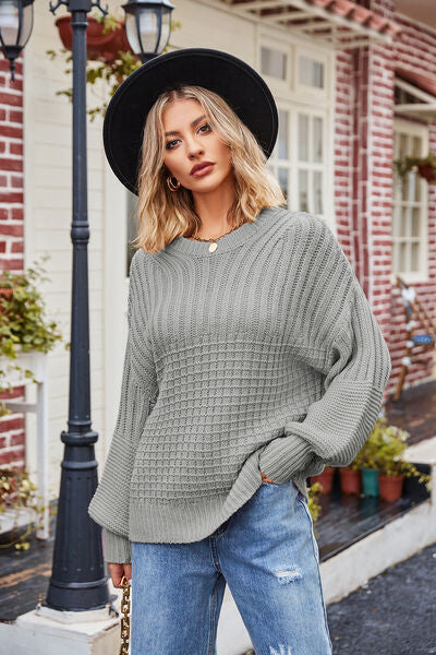 Ribbed Drop Shoulder Lantern Sleeve Sweater BLUE ZONE PLANET