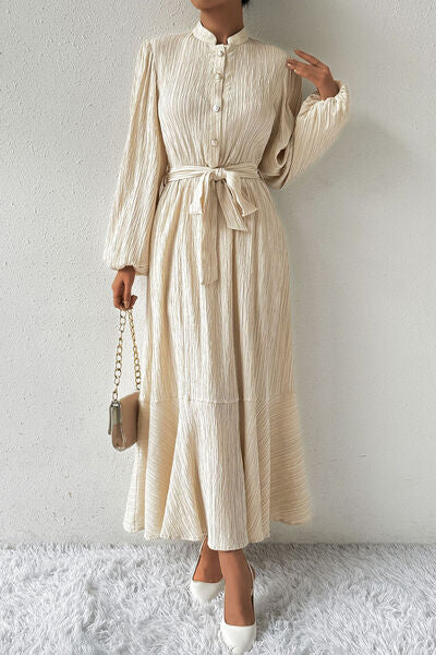 Blue Zone Planet | Tied Button Up Balloon Sleeve Dress BLUE ZONE PLANET