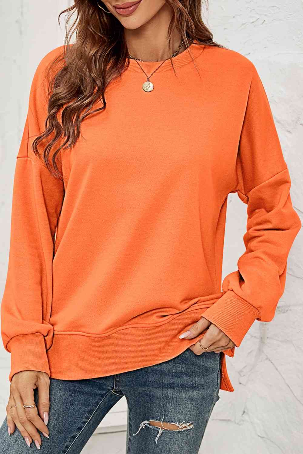 Round Neck Dropped Shoulder Slit Sweatshirt BLUE ZONE PLANET